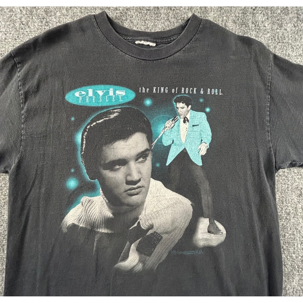 Elvis Presley The King of Rock & Roll Graphic T-Shirt Black Teal Mens Large L
